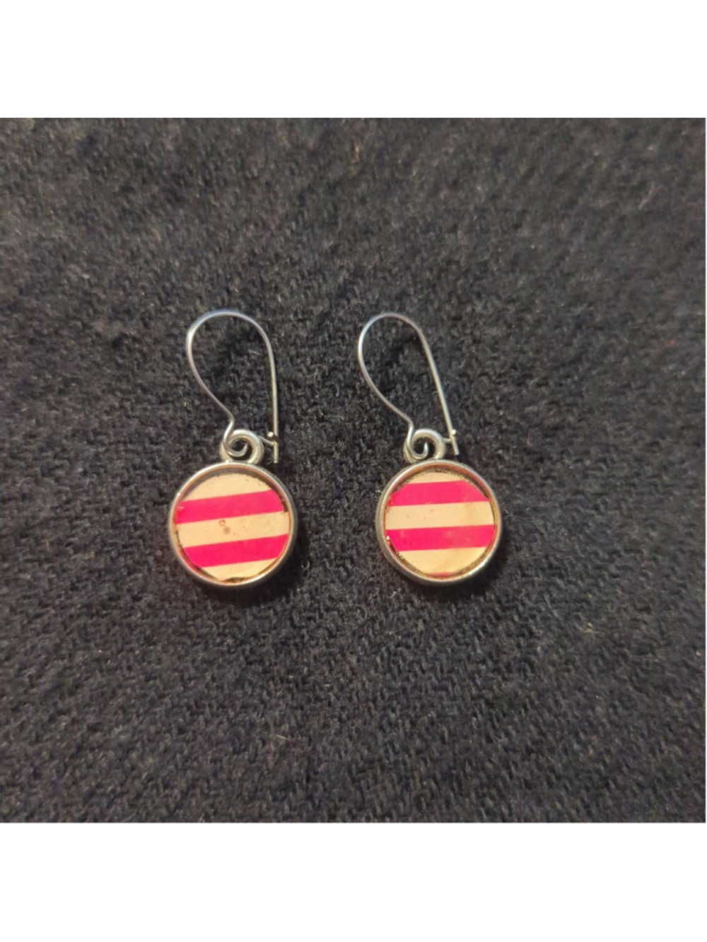 Silver Tone Red and Cream Striped Dainty Delicate Drop Statement Earrings